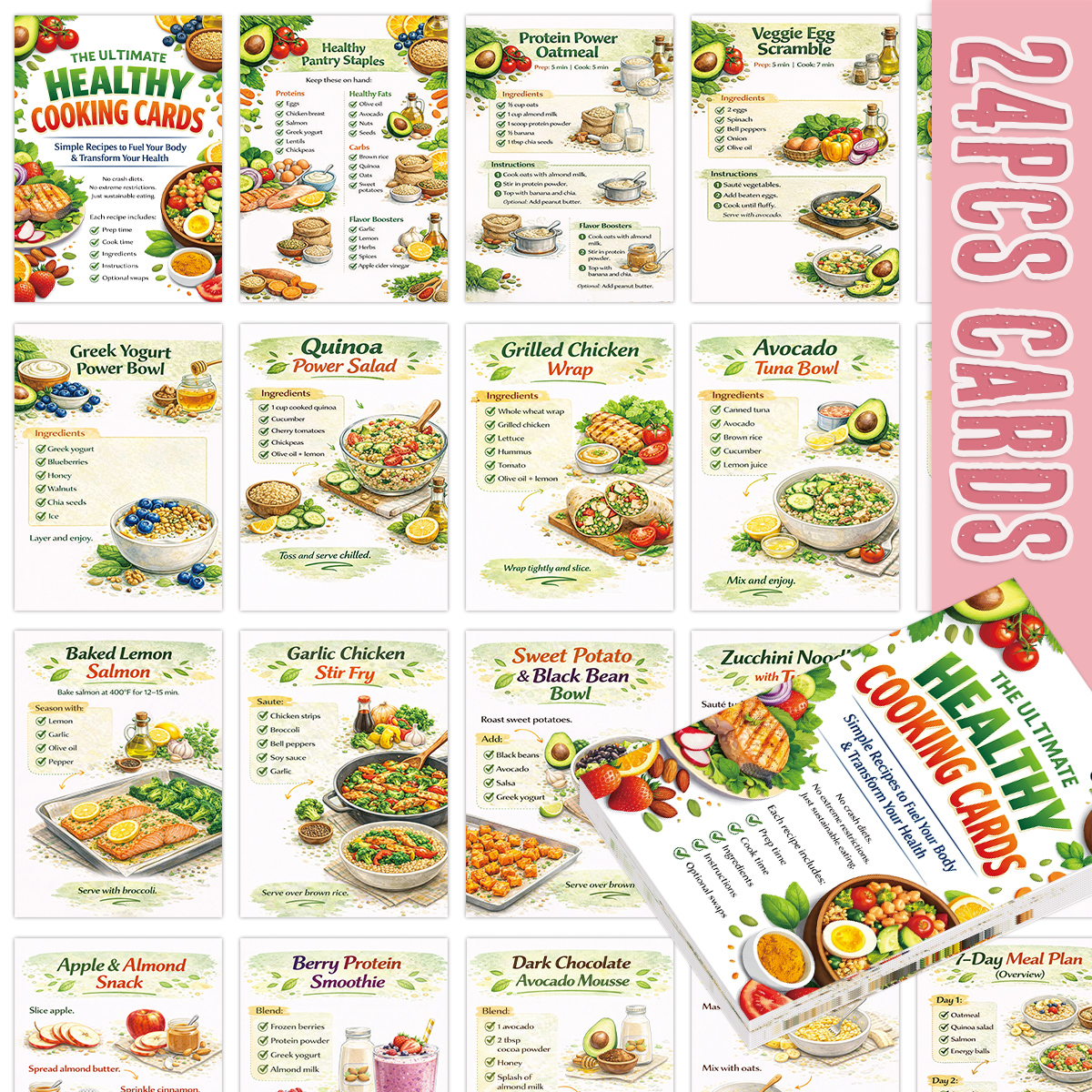 Home Cooking Recipe - การ์ดสูตรอาหาร 24 ชิ้น พร้อมรายการซื้อของและเคล็ดลับการกินเพื่อสุขภาพ การ์ดสวยงามสำหรับตกแต่งห้องครัว ของขวัญสำหรับคนรักอาหาร