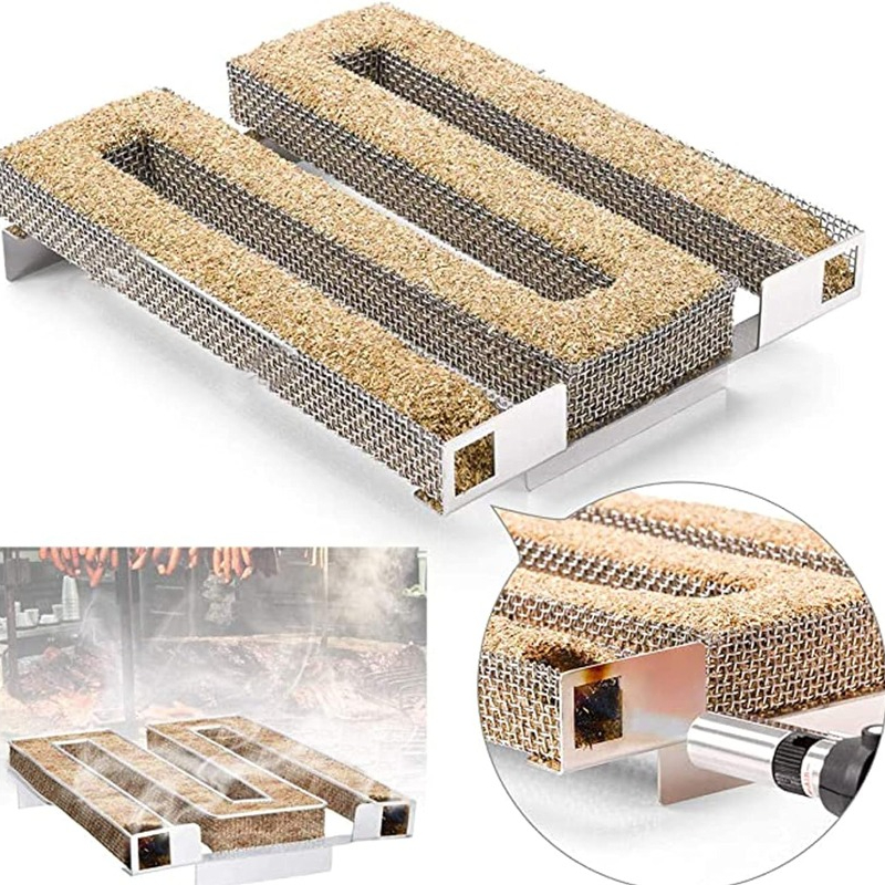 Smoker Box Wood Chip - เครื่องกําเนิดควันเย็นอุปกรณ์บาร์บีคิวเหล็กย่างบาร์บีคิวเครื่องมือทําอาหารสูบบุหรี่ปลาแซลมอนเบคอนปลา MINI Apple ไม้ชิปสูบบุหรี่กล่อง
