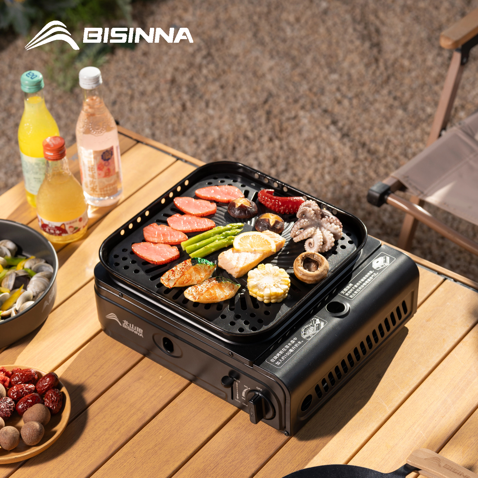 Dosa Pan Iron - BISINNA เตาแก๊สแคมป์ปิ้งแบบพกพา 3500W เตาบิวเทนพร้อมแผ่นย่างสำหรับทำอาหารกลางแจ้งบาร์บีคิวปิคนิคท่องเที่ยว
