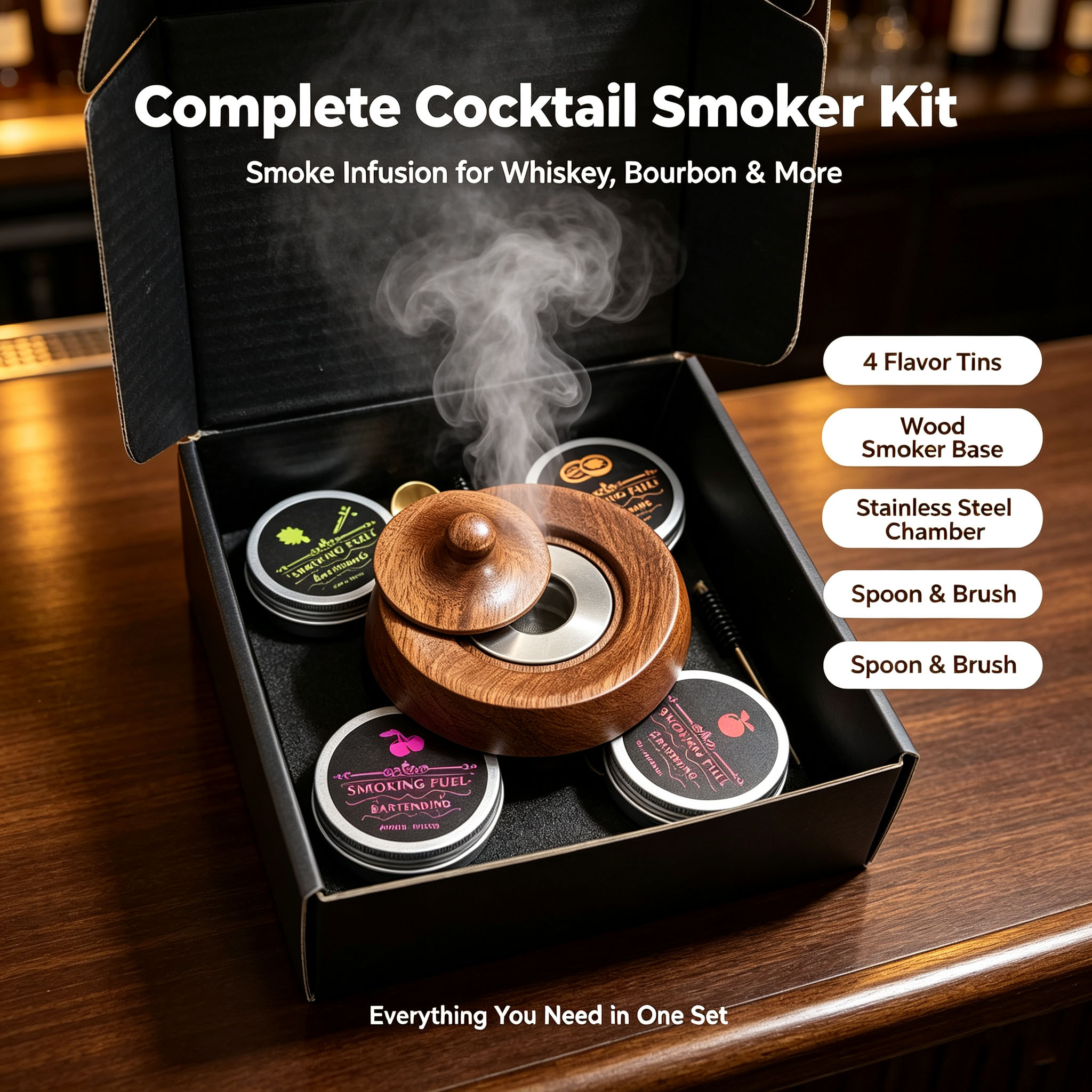 Smoker Box Wood Chip - ชุดอุปกรณ์รมควันค็อกเทล ฝาครอบรมควันไม้ กล่องชิปรมควันวิสกี้ ชุดอุปกรณ์เติมกลิ่นเครื่องดื่ม อุปกรณ์บาร์ อุปกรณ์ครัว