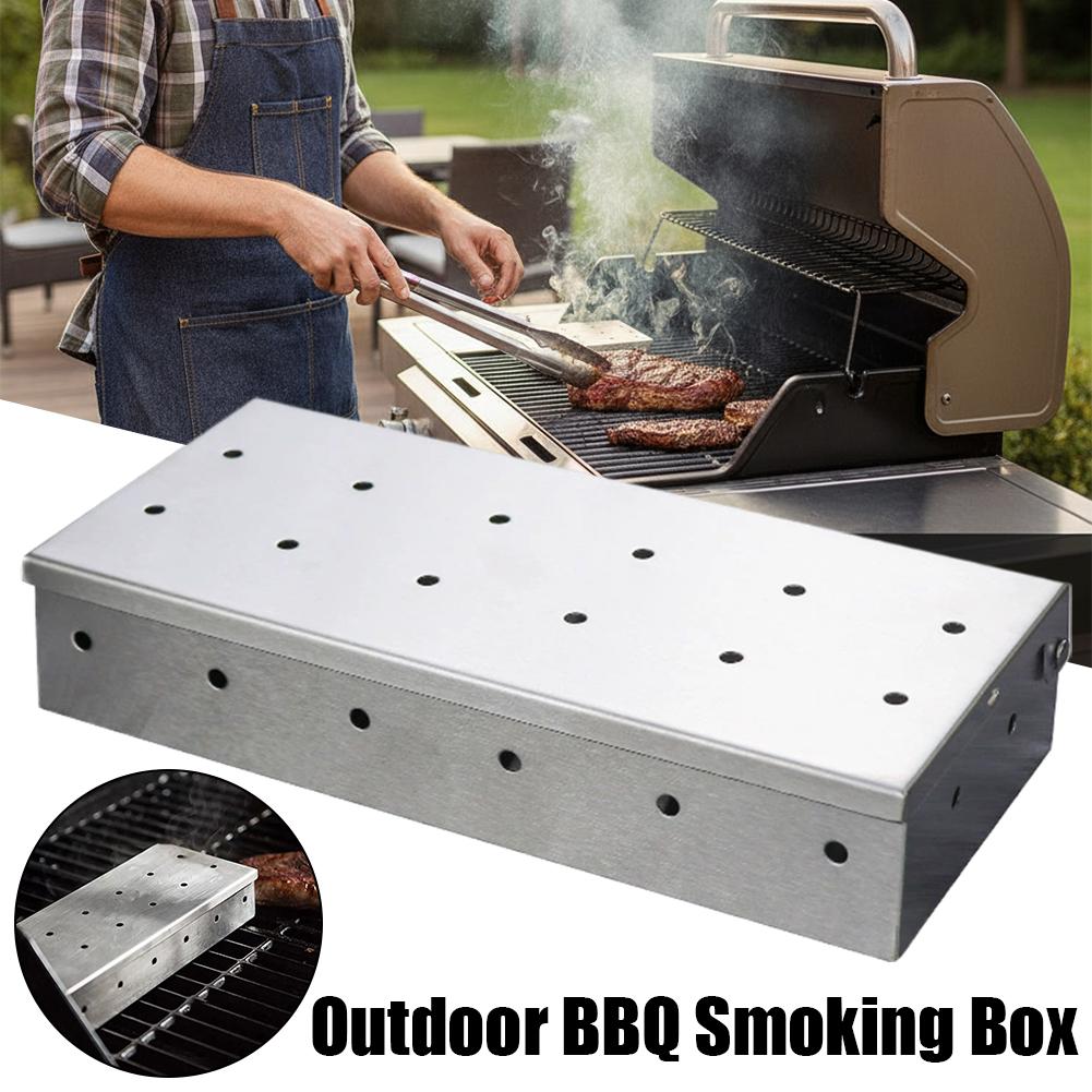 Smoker Box Wood Chip - กล่องรมควันบาร์บีคิวสแตนเลสแบบหนา สำหรับรมควันเนื้อ ใช้กับเศษไม้ ถ่าน สำหรับย่างบาร์บีคิวกลางแจ้ง อุปกรณ์ตั้งแคมป์