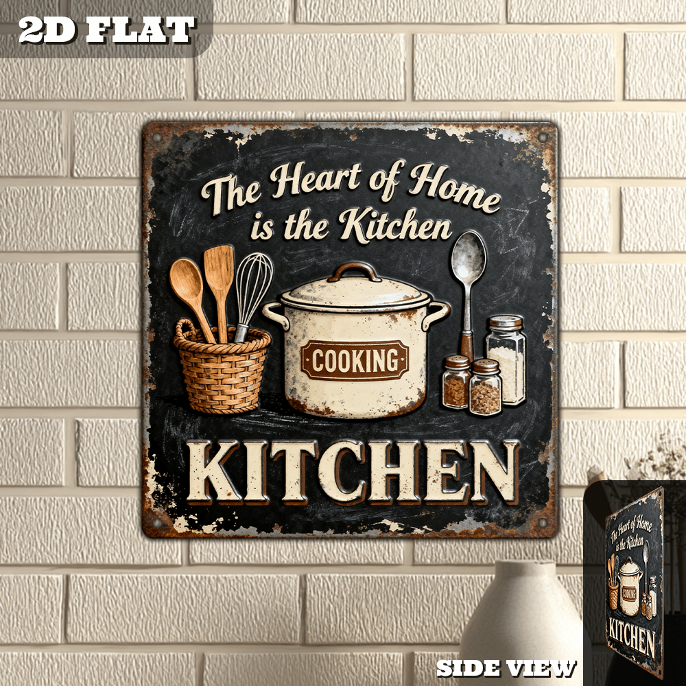 Home Cooking Utensils - ป้ายตกแต่งผนังครัวโลหะวินเทจ - ขนาด 8x8 นิ้ว สไตล์บ้านไร่