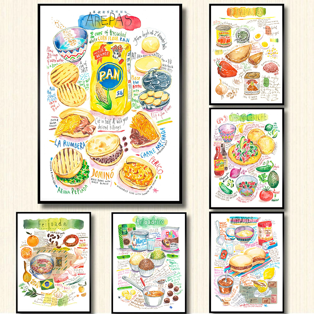 Home Cooking Recipe - อาหารในครัวสไตล์อเมริกาใต้โปสเตอร์ทำอาหารรูปการ์ตูนภาพวาดผ้าใบลายพิมพ์ความละเอียดสูงรูปภาพศิลปะบนผนังของขวัญการตกแต่งบ้าน