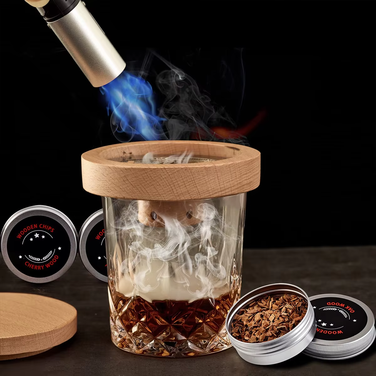 Smoker Box Wood Chip - ใหม่ค็อกเทลสูบบุหรี่ชุดบาร์ไม้รมควันไม้ Hood วิสกี้สูบบุหรี่ไม้ชิปกล่องค็อกเทล Infuser ชุดอุปกรณ์ครัว