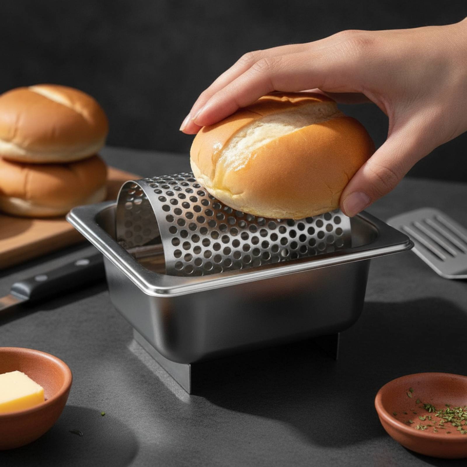 Home Cooking Utensils - ลูกกลิ้งเนยพร้อมถาด ลูกกลิ้งเนยสแตนเลส อุปกรณ์ครัวแบบมีรู สำหรับทำอาหารที่บ้าน ครัว อาหารเช้า